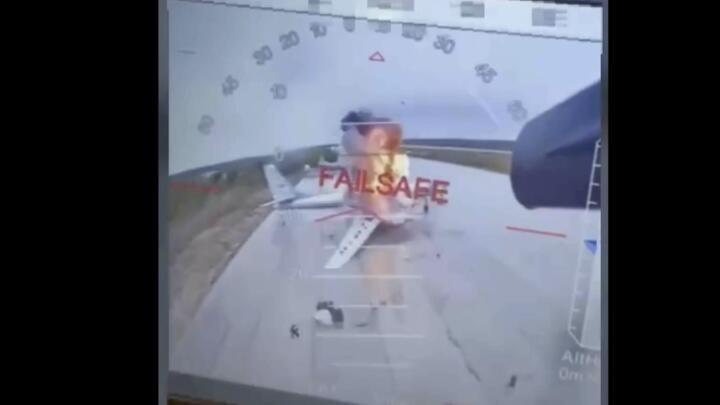 In this image taken from video released June 1, 2025, by a source in the Ukrainian Security Service shows a Ukrainian drone striking Russian planes deep in Russia's territory.